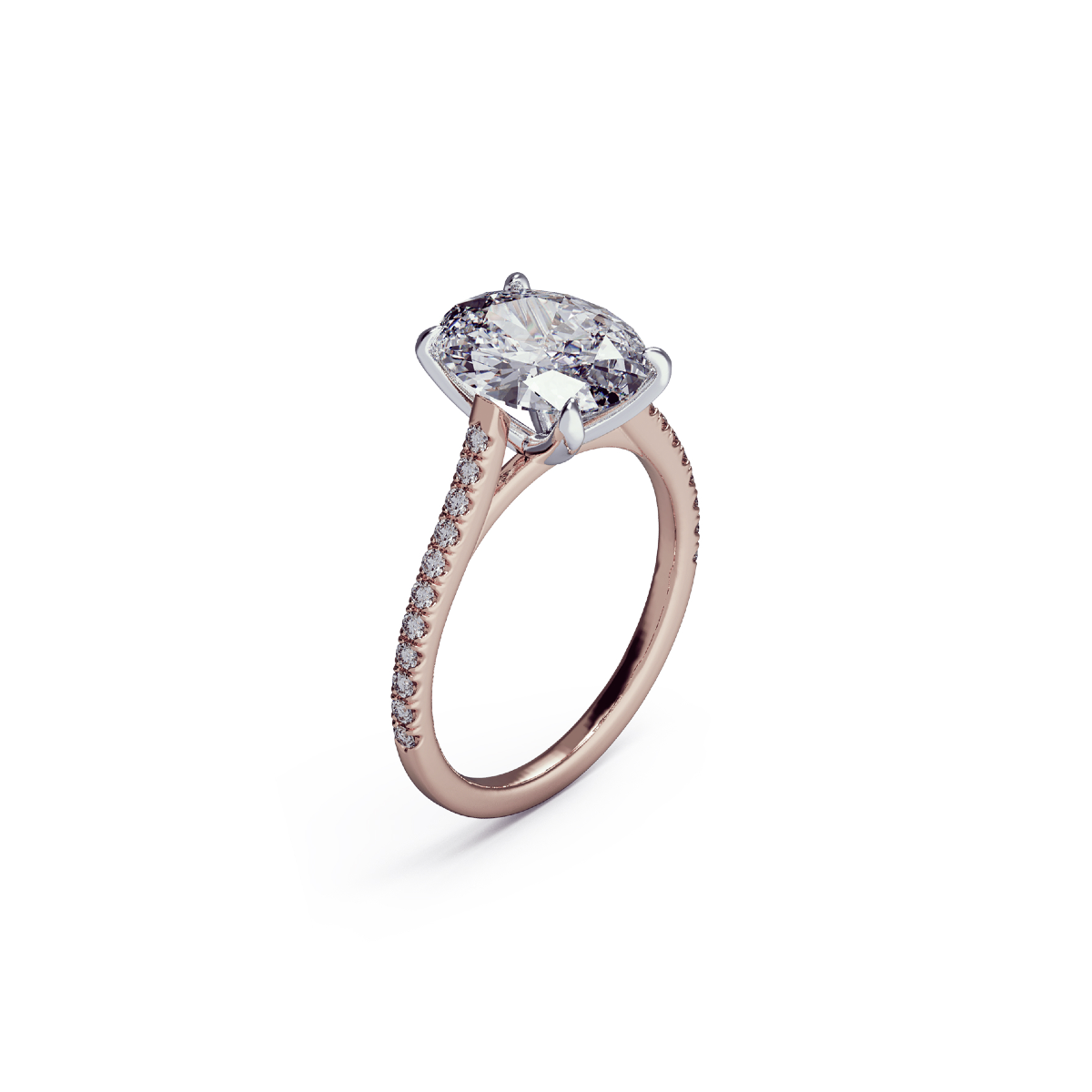 Oval-cut diamond solitaire on a rose-gold pavé-set band